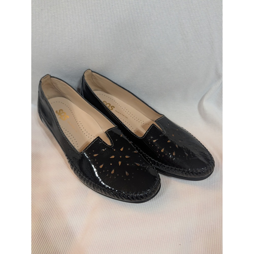 SAS Women Black Patent Leather Laser Cut Floral Pumps Block Heel 7 W J4850872